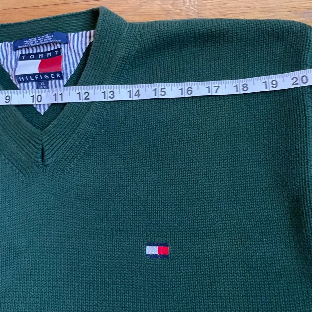 Vintage Tommy Hilfiger V-Neck Sweater Forest Green 100% Cotton Size XL